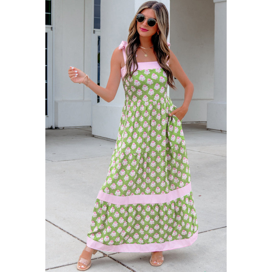 Green Floral Print Striped Detail Knot Straps Maxi Dress Dresses/Floral Dresses