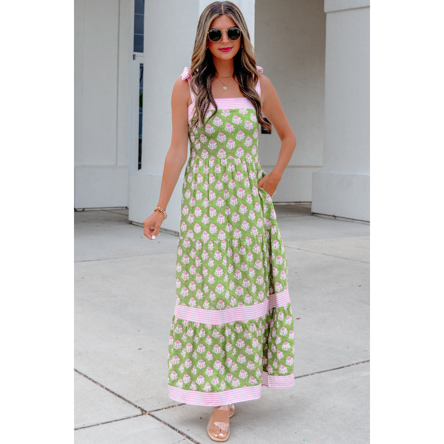 Green Floral Print Striped Detail Knot Straps Maxi Dress Dresses/Floral Dresses