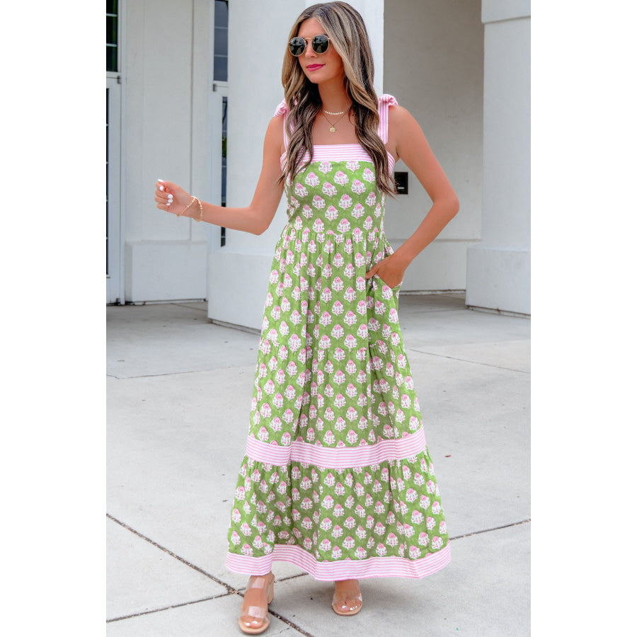 Green Floral Print Striped Detail Knot Straps Maxi Dress Dresses/Floral Dresses