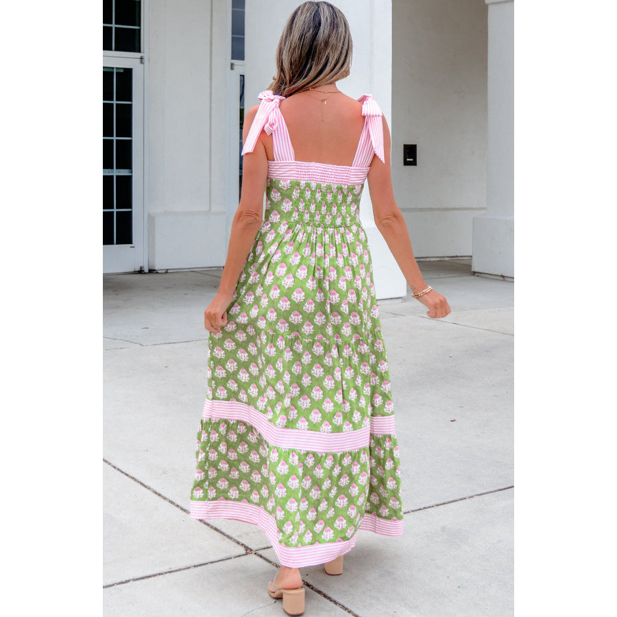 Green Floral Print Striped Detail Knot Straps Maxi Dress Dresses/Floral Dresses