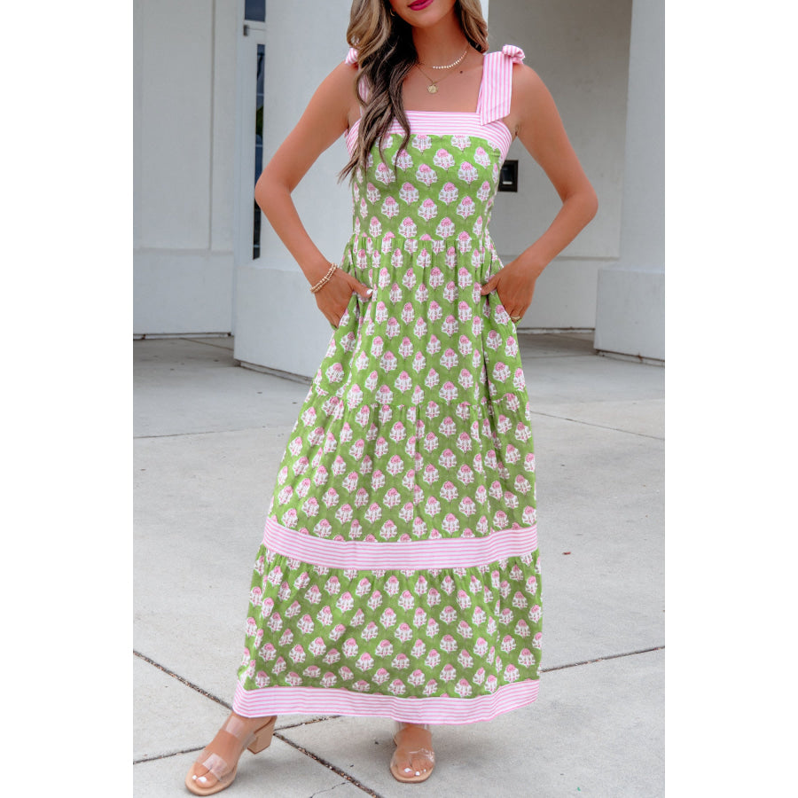 Green Floral Print Striped Detail Knot Straps Maxi Dress Dresses/Floral Dresses