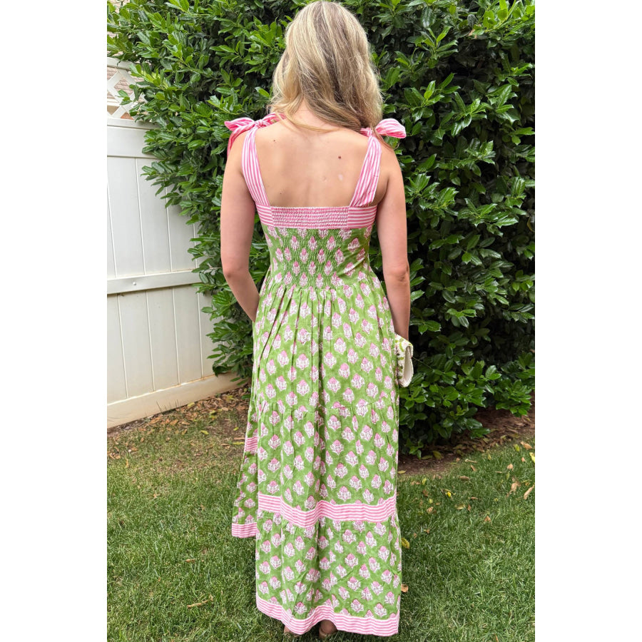 Green Floral Print Striped Detail Knot Straps Maxi Dress Dresses/Floral Dresses