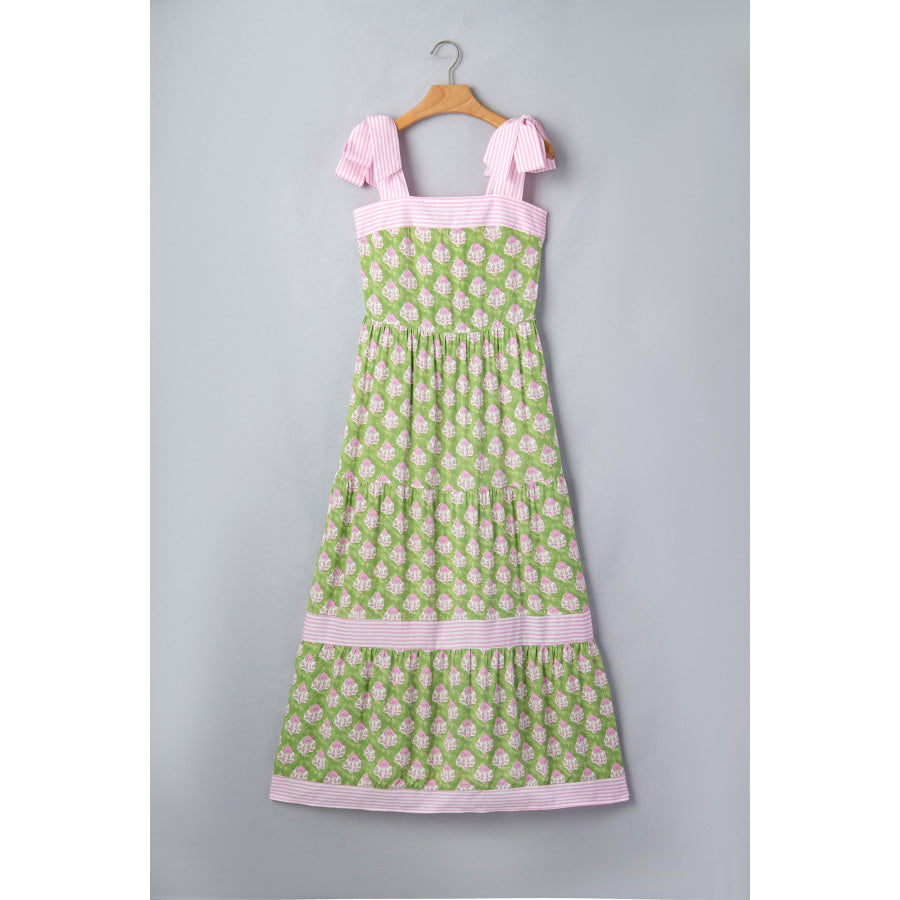 Green Floral Print Striped Detail Knot Straps Maxi Dress Dresses/Floral Dresses