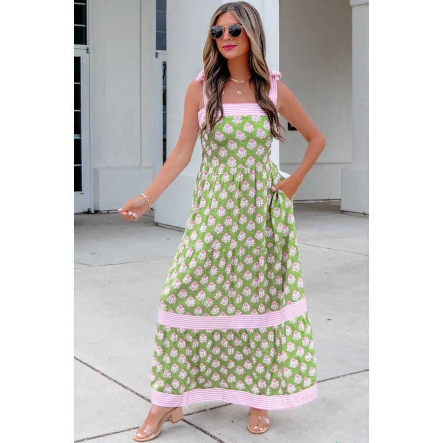 Green Floral Print Striped Detail Knot Straps Maxi Dress Dresses/Floral Dresses