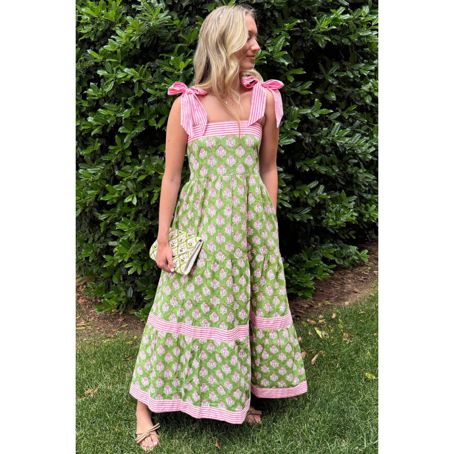 Green Floral Print Striped Detail Knot Straps Maxi Dress Dresses/Floral Dresses