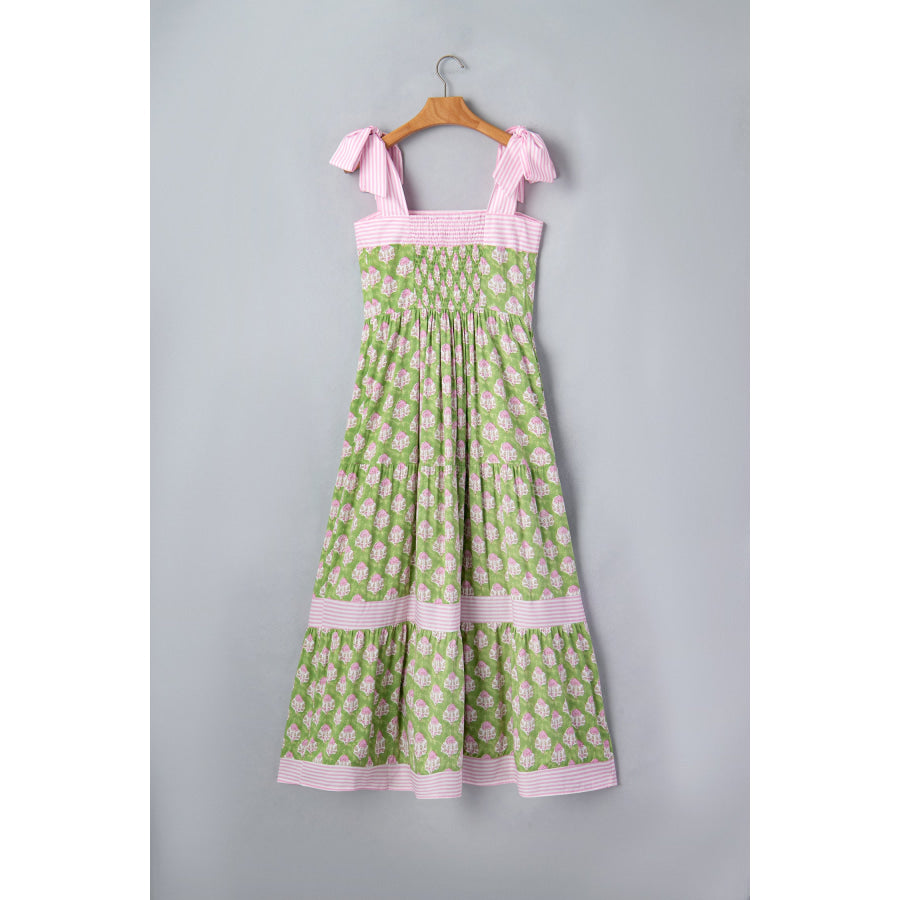 Green Floral Print Striped Detail Knot Straps Maxi Dress Dresses/Floral Dresses