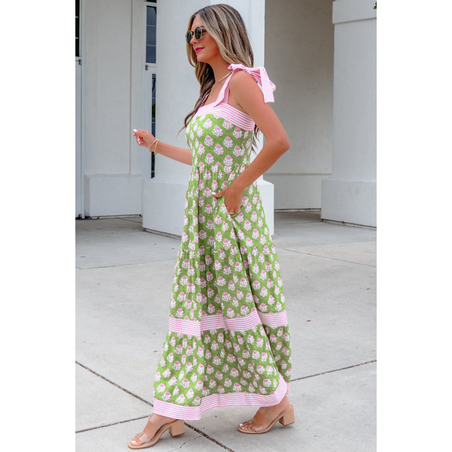 Green Floral Print Striped Detail Knot Straps Maxi Dress Dresses/Floral Dresses