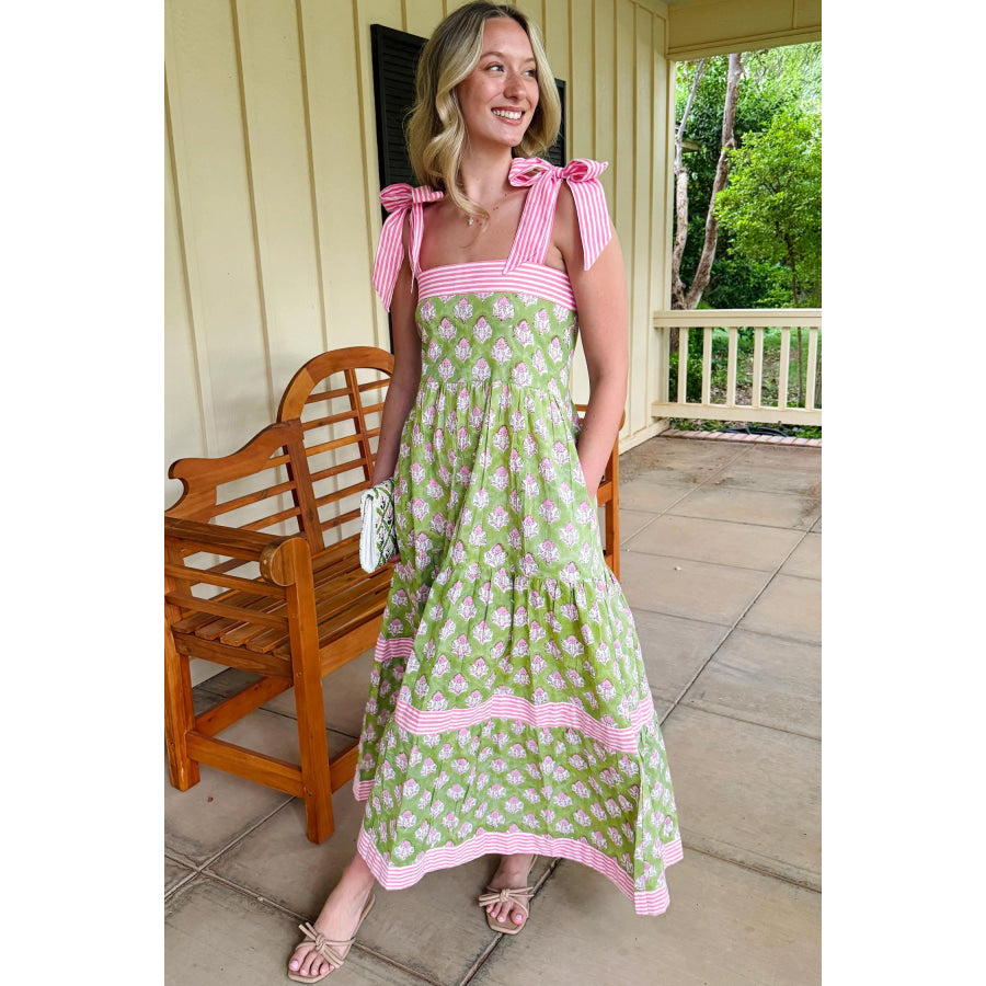 Green Floral Print Striped Detail Knot Straps Maxi Dress Dresses/Floral Dresses