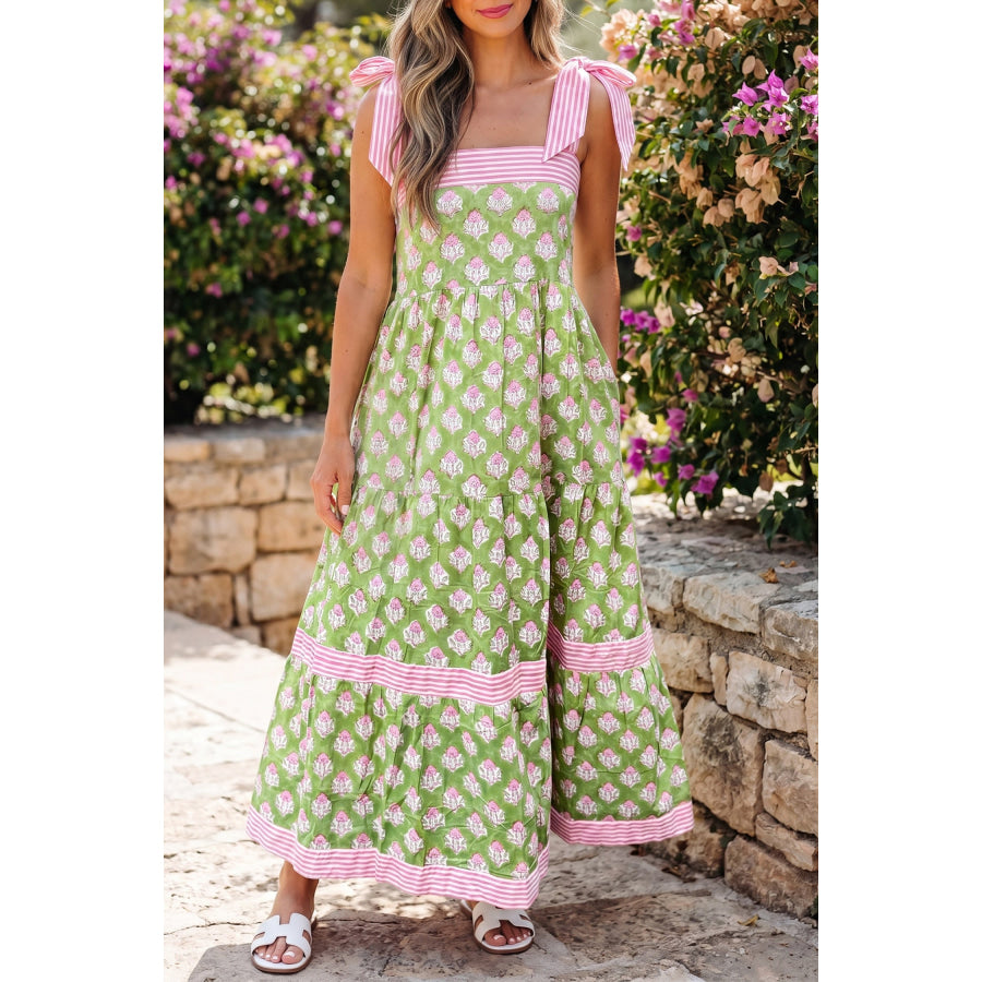 Green Floral Print Striped Detail Knot Straps Maxi Dress Green / S / 100% Viscose Dresses/Floral Dresses