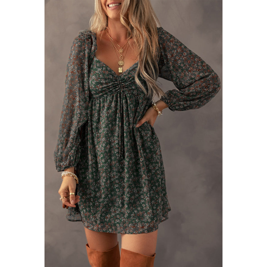 Green Floral Print Sweetheart Neck Shirred Back Mini Dress Dresses/Floral Dresses