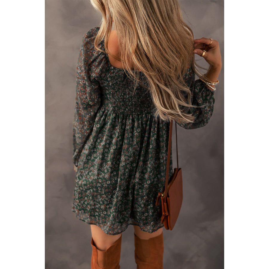Green Floral Print Sweetheart Neck Shirred Back Mini Dress Dresses/Floral Dresses