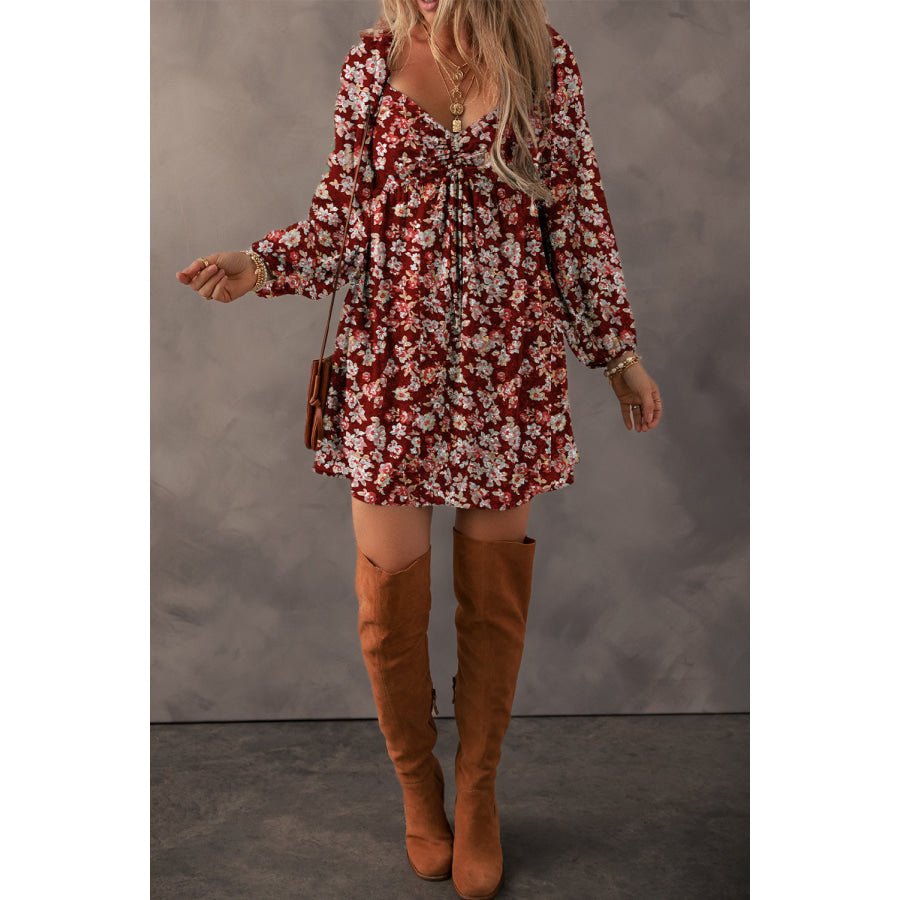 Green Floral Print Sweetheart Neck Shirred Back Mini Dress Dresses/Floral Dresses