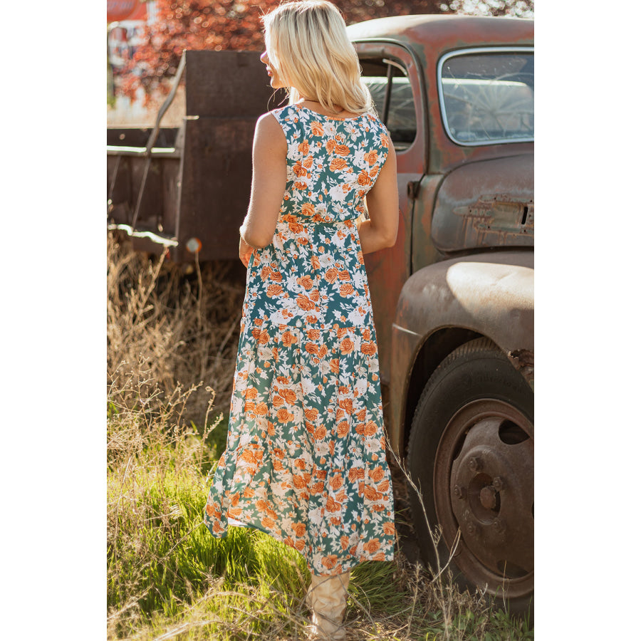 Green Floral Print Trimmed V Neck Tie Waist Sleeveless Holiday Long Dress Dresses/Maxi Dresses
