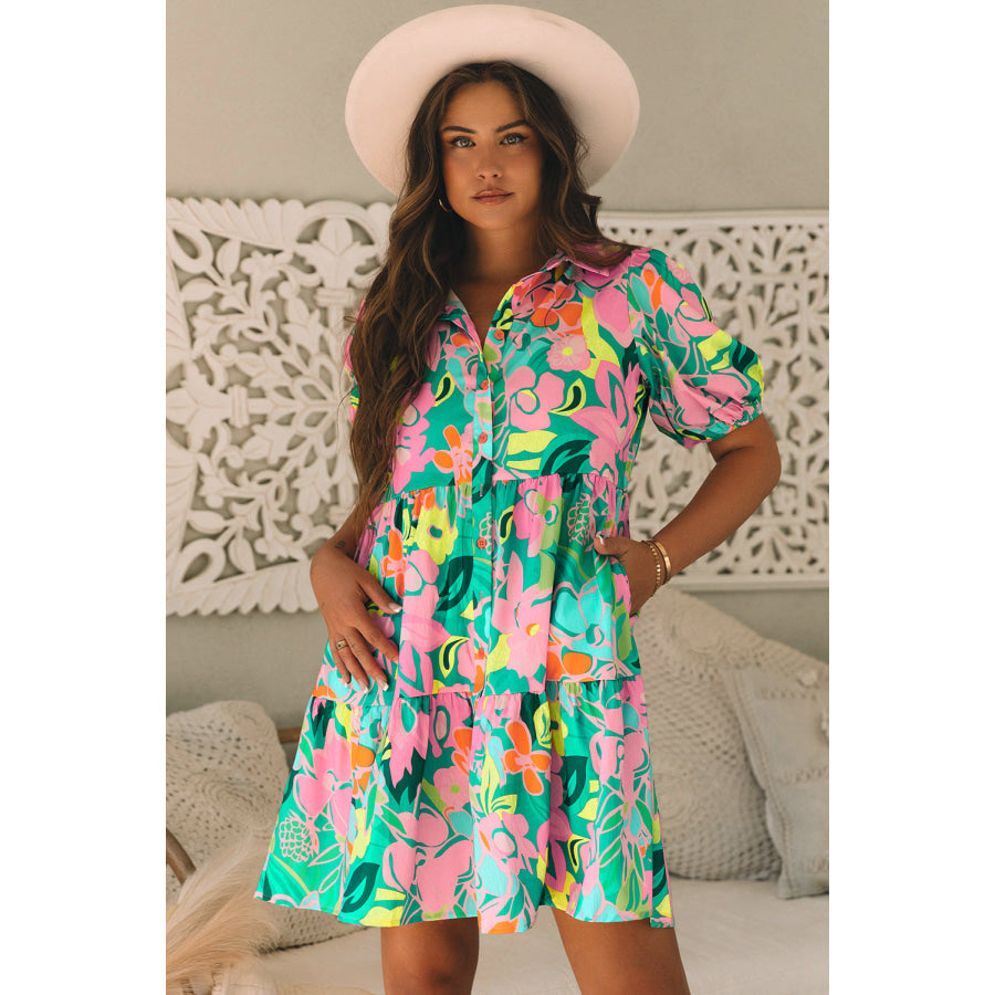 Green Floral Puff Sleeve Collar Buttoned Babydoll Dress Dresses/Floral Dresses