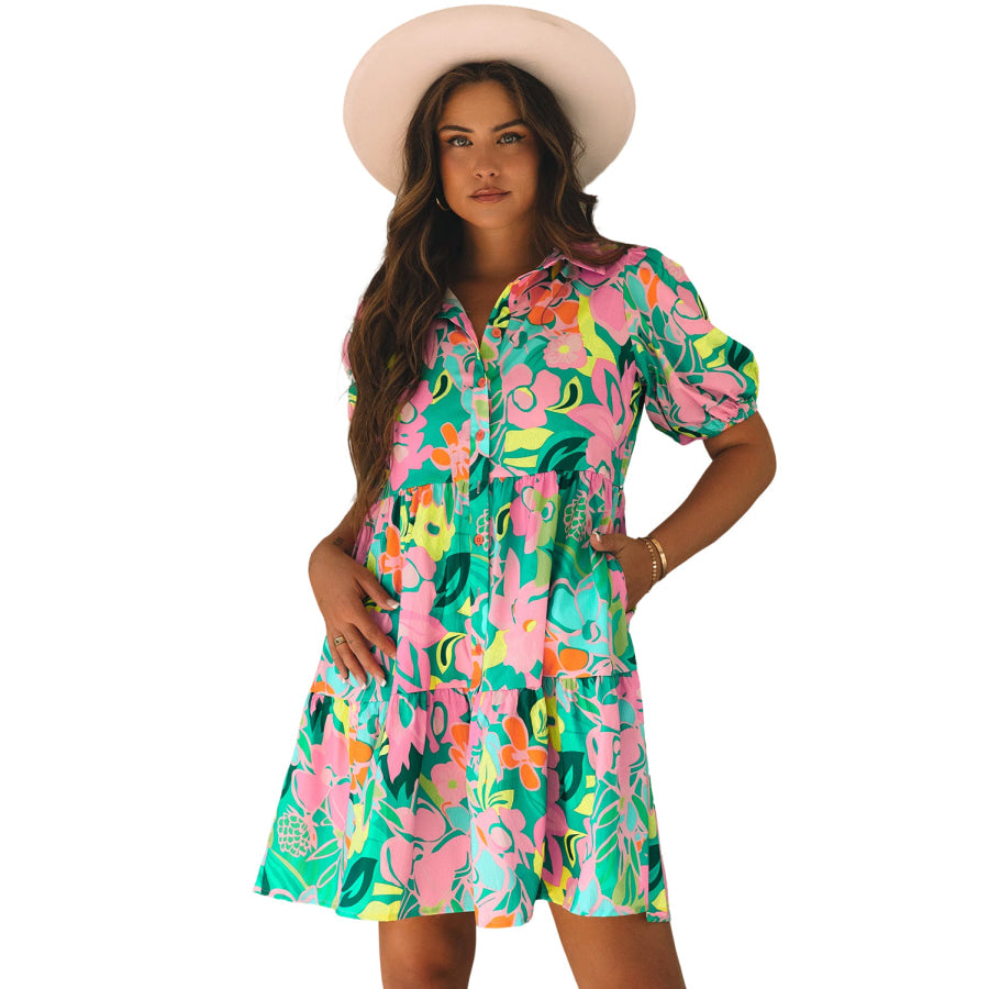 Green Floral Puff Sleeve Collar Buttoned Babydoll Dress Dresses/Floral Dresses