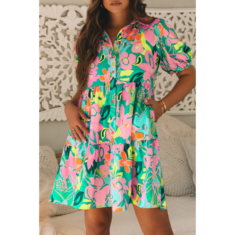 Green Floral Puff Sleeve Collar Buttoned Babydoll Dress Dresses/Floral Dresses