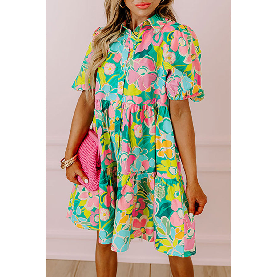 Green Floral Puff Sleeve Collar Buttoned Babydoll Dress Green / S / 100% Polyester Dresses/Floral Dresses