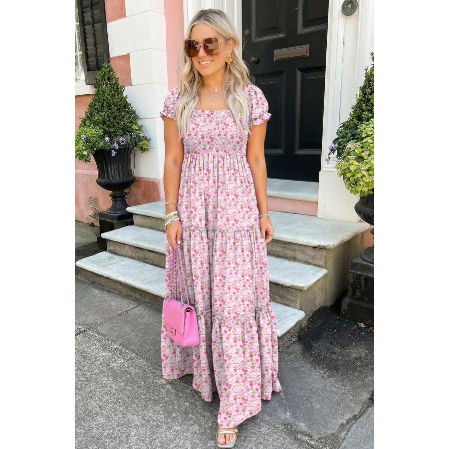 Green Floral Short Bubble Sleeve Shirred High Waist Maxi Dress Dresses/Maxi Dresses