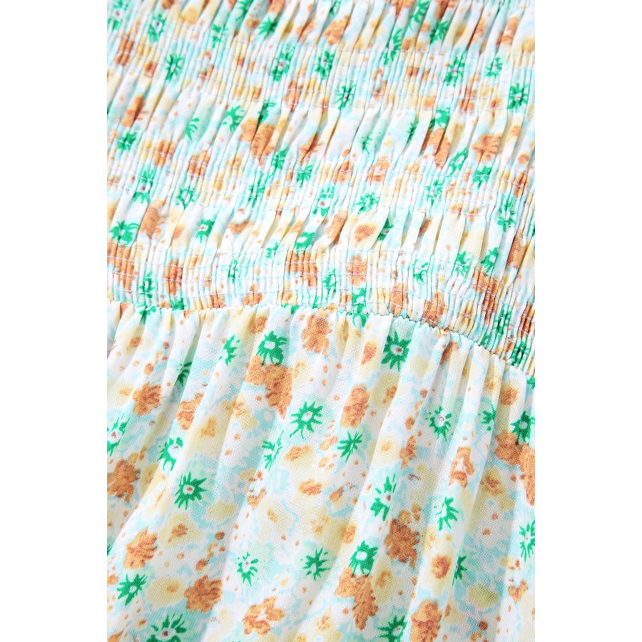 Green Floral Short Bubble Sleeve Shirred High Waist Maxi Dress Dresses/Maxi Dresses