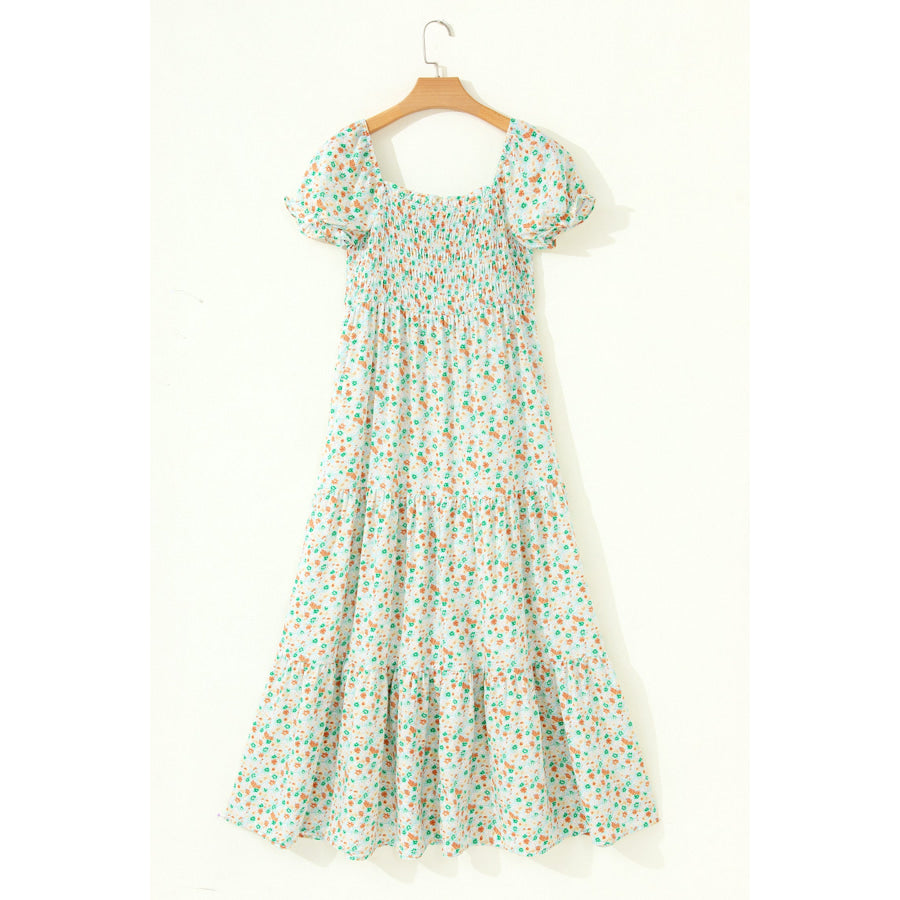 Green Floral Short Bubble Sleeve Shirred High Waist Maxi Dress Dresses/Maxi Dresses