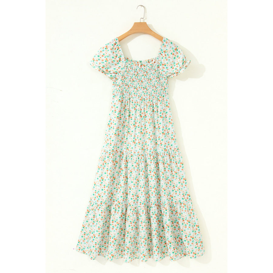 Green Floral Short Bubble Sleeve Shirred High Waist Maxi Dress Dresses/Maxi Dresses