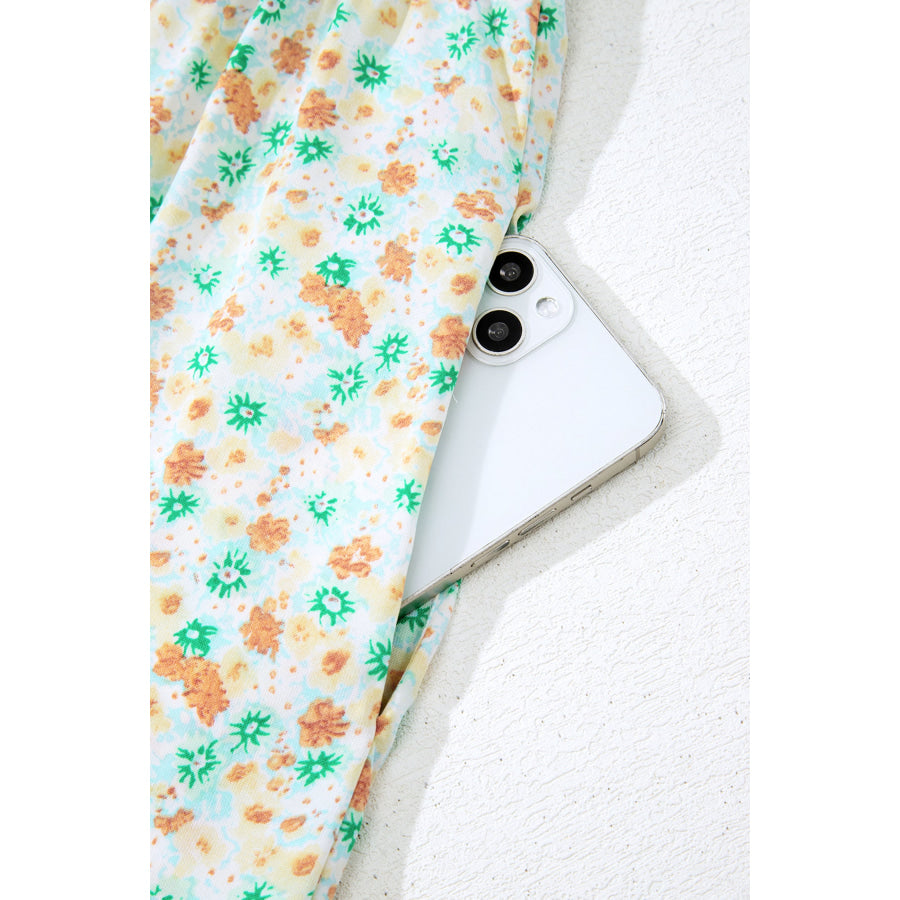 Green Floral Short Bubble Sleeve Shirred High Waist Maxi Dress Dresses/Maxi Dresses
