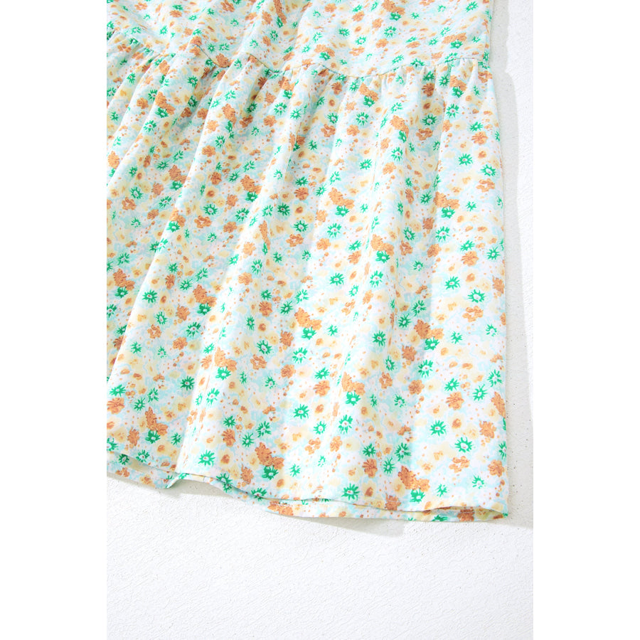 Green Floral Short Bubble Sleeve Shirred High Waist Maxi Dress Dresses/Maxi Dresses