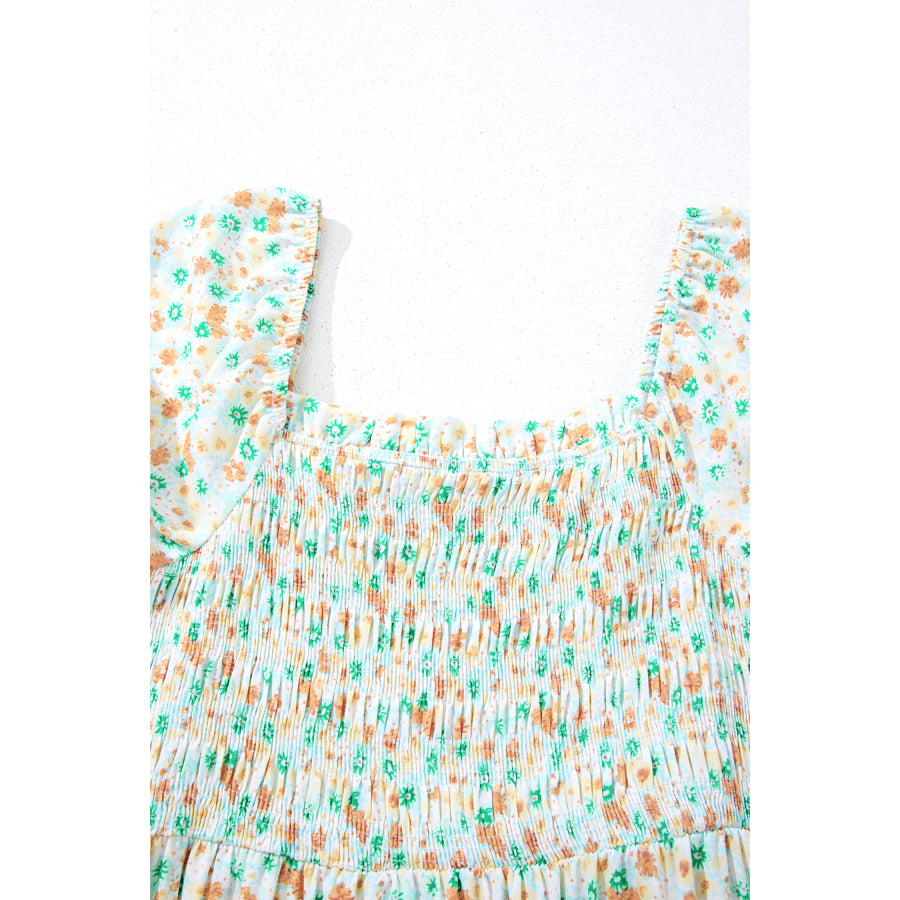 Green Floral Short Bubble Sleeve Shirred High Waist Maxi Dress Dresses/Maxi Dresses