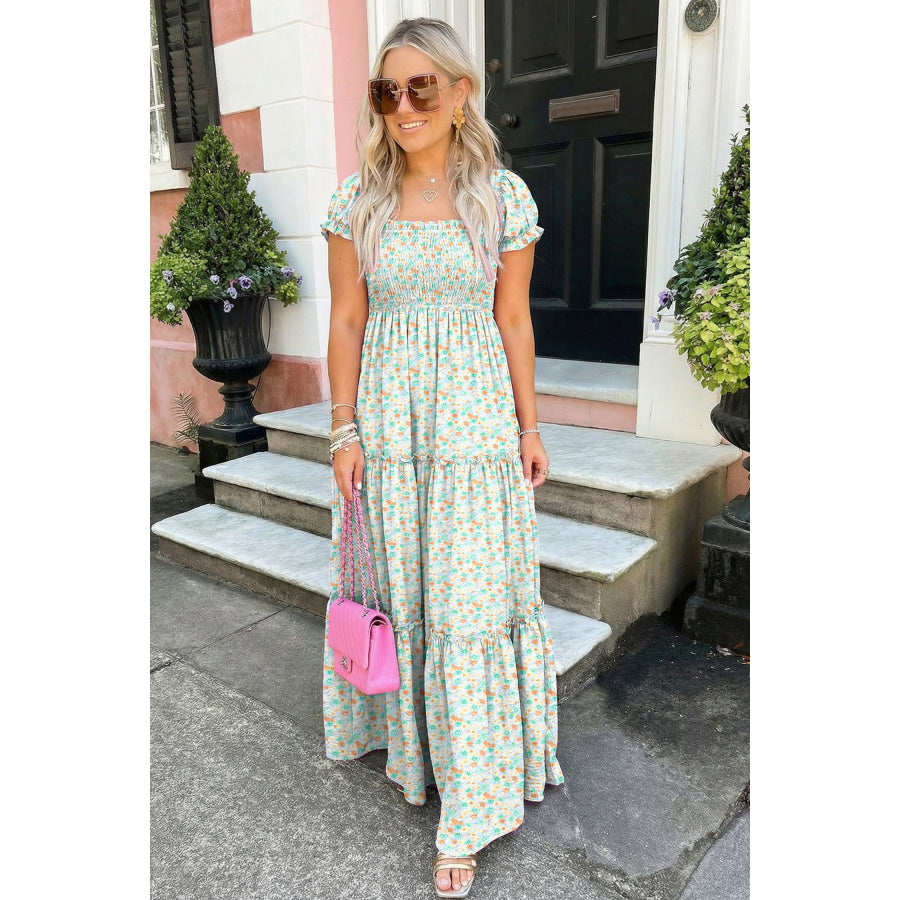 Green Floral Short Bubble Sleeve Shirred High Waist Maxi Dress Dresses/Maxi Dresses