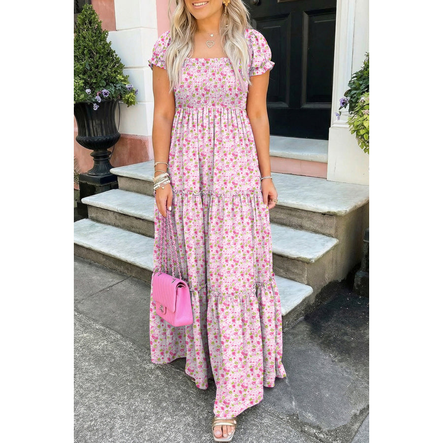 Green Floral Short Bubble Sleeve Shirred High Waist Maxi Dress Dresses/Maxi Dresses