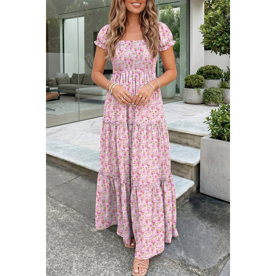 Green Floral Short Bubble Sleeve Shirred High Waist Maxi Dress Pink / S / 100% Polyester Dresses/Maxi Dresses
