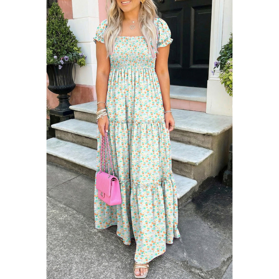 Green Floral Short Bubble Sleeve Shirred High Waist Maxi Dress Green / S / 100% Polyester Dresses/Maxi Dresses