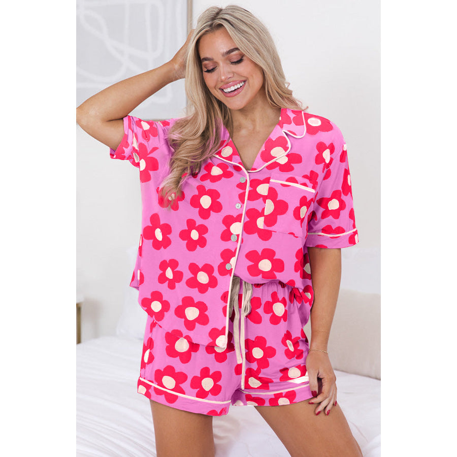 Green Flower Print Short Sleeve Shirt Pajamas Set Loungewear & Sleepwear/Sleepwear