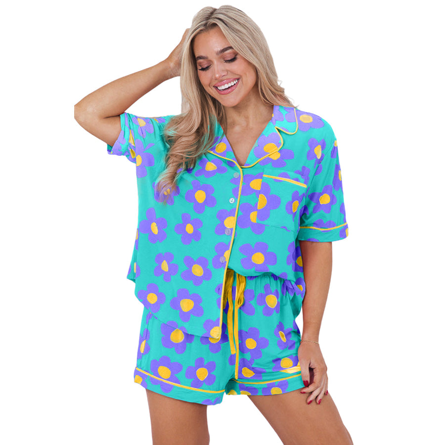Green Flower Print Short Sleeve Shirt Pajamas Set Loungewear & Sleepwear/Sleepwear