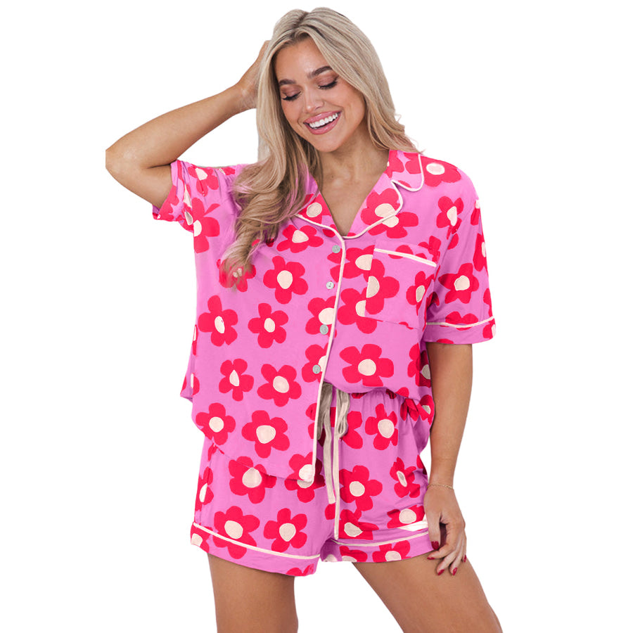 Green Flower Print Short Sleeve Shirt Pajamas Set Loungewear & Sleepwear/Sleepwear