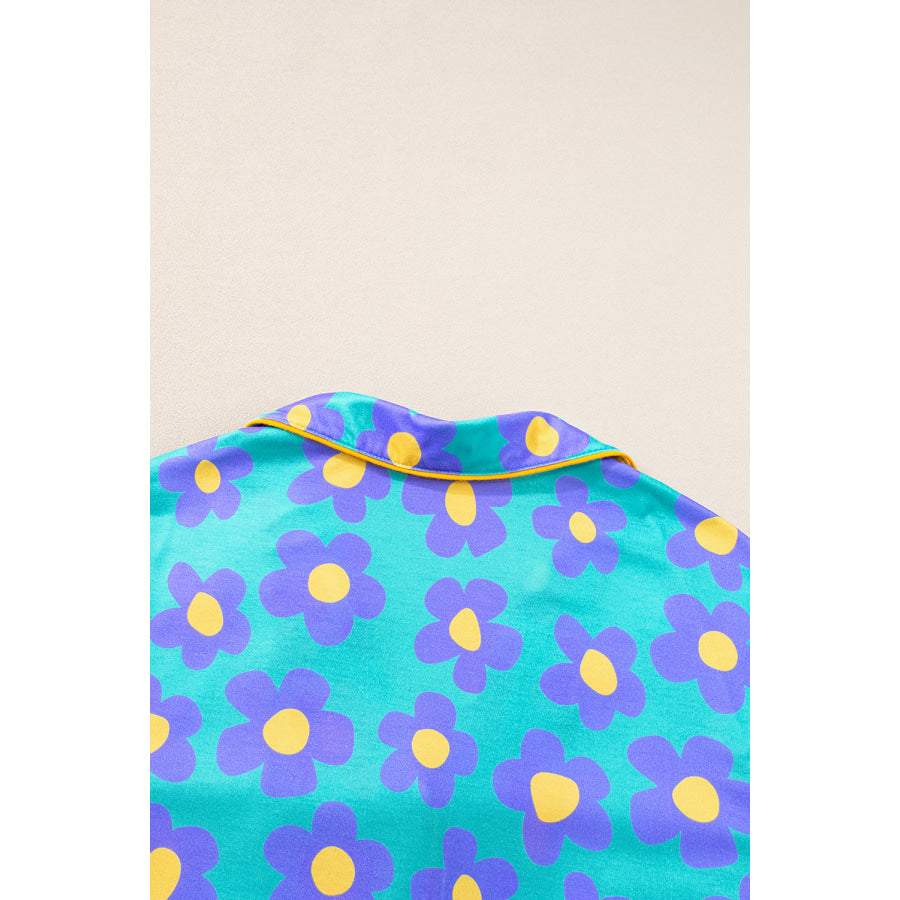 Green Flower Print Short Sleeve Shirt Pajamas Set Loungewear & Sleepwear/Sleepwear