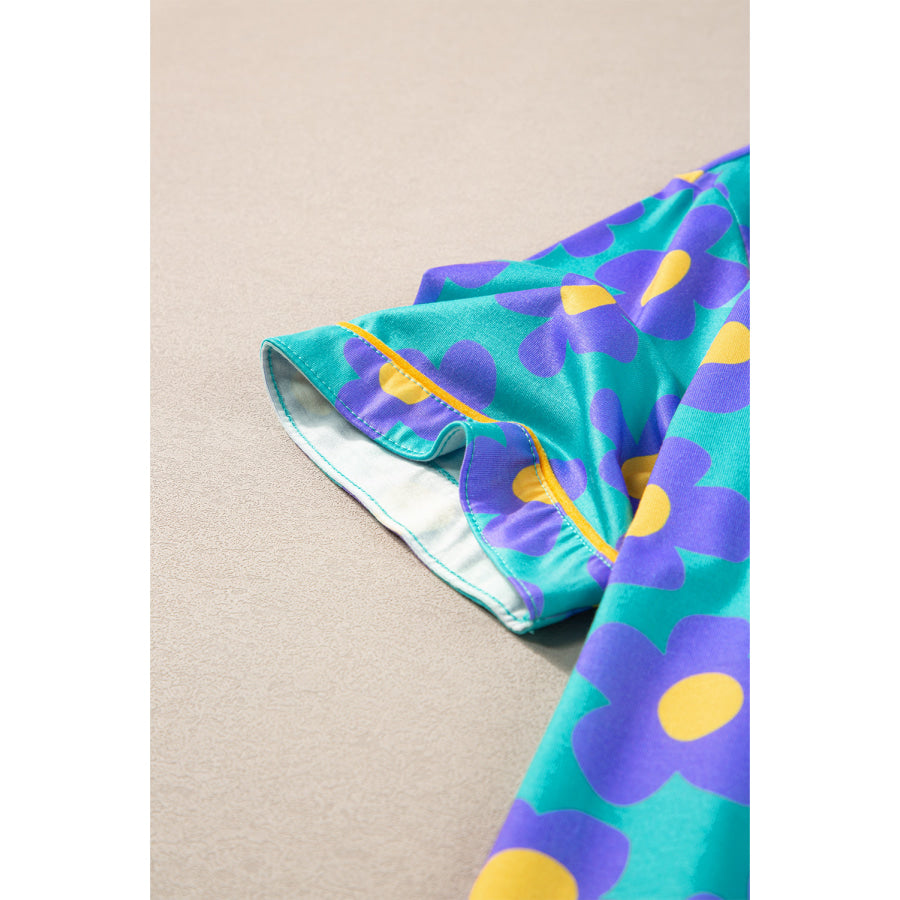 Green Flower Print Short Sleeve Shirt Pajamas Set Loungewear & Sleepwear/Sleepwear