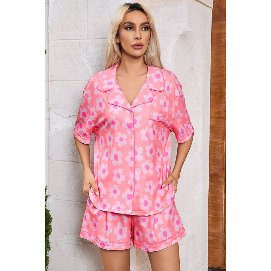Green Flower Print Short Sleeve Shirt Pajamas Set Loungewear & Sleepwear/Sleepwear
