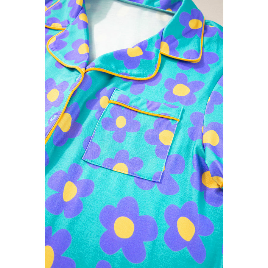 Green Flower Print Short Sleeve Shirt Pajamas Set Loungewear & Sleepwear/Sleepwear