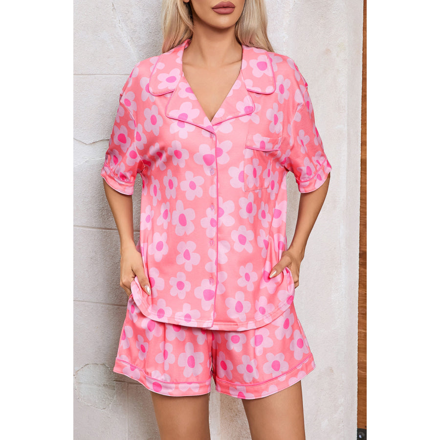 Green Flower Print Short Sleeve Shirt Pajamas Set Loungewear & Sleepwear/Sleepwear
