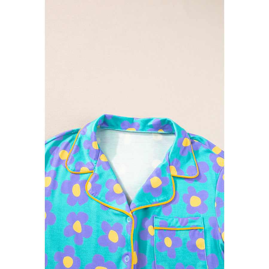 Green Flower Print Short Sleeve Shirt Pajamas Set Loungewear & Sleepwear/Sleepwear