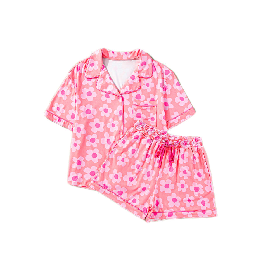 Green Flower Print Short Sleeve Shirt Pajamas Set Loungewear & Sleepwear/Sleepwear