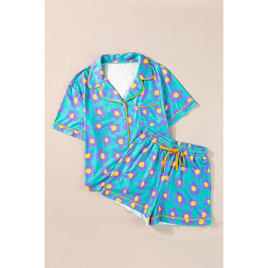 Green Flower Print Short Sleeve Shirt Pajamas Set Loungewear & Sleepwear/Sleepwear