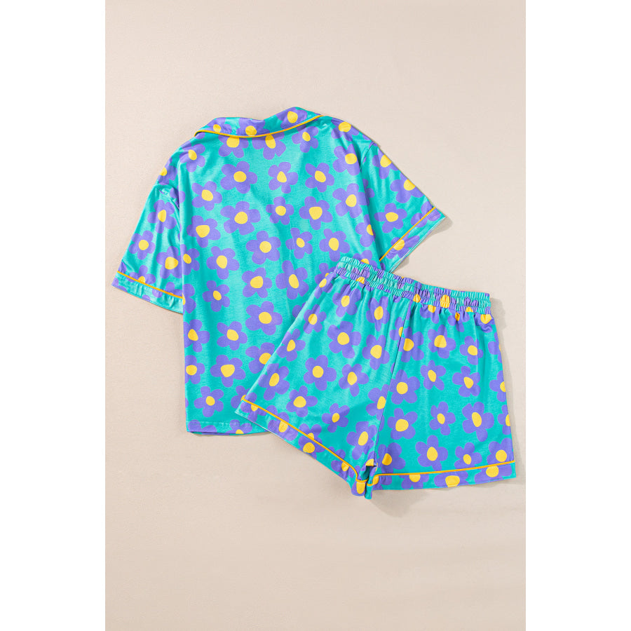 Green Flower Print Short Sleeve Shirt Pajamas Set Loungewear & Sleepwear/Sleepwear