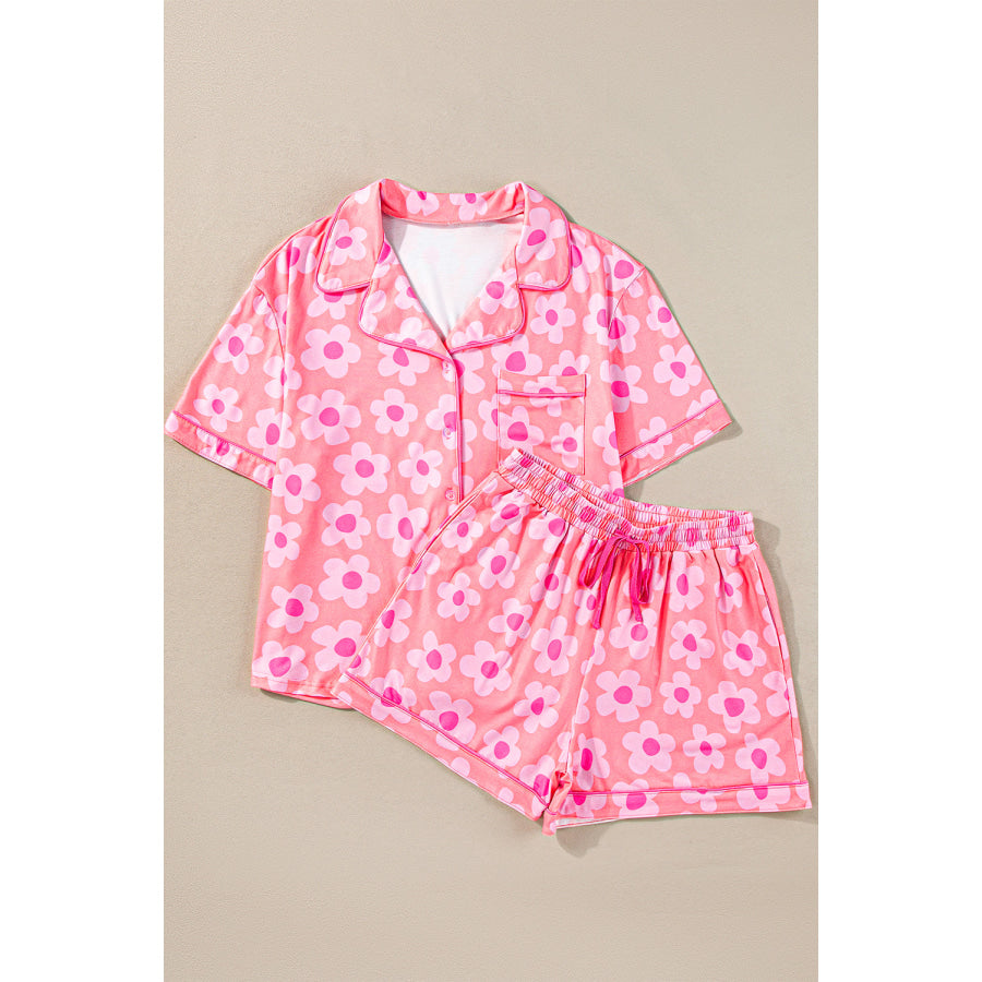 Green Flower Print Short Sleeve Shirt Pajamas Set Loungewear & Sleepwear/Sleepwear