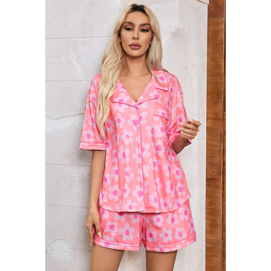 Green Flower Print Short Sleeve Shirt Pajamas Set Loungewear & Sleepwear/Sleepwear