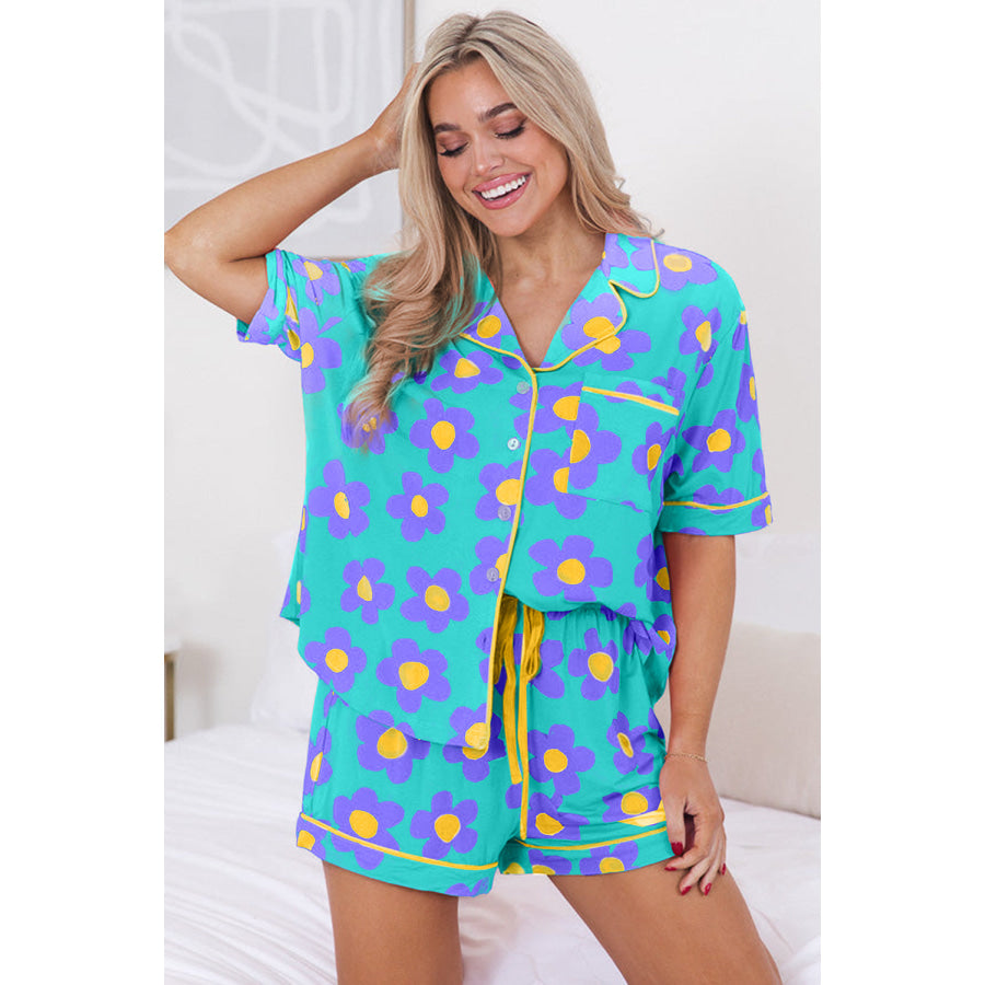 Green Flower Print Short Sleeve Shirt Pajamas Set Loungewear & Sleepwear/Sleepwear