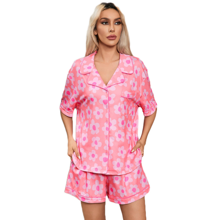 Green Flower Print Short Sleeve Shirt Pajamas Set Loungewear & Sleepwear/Sleepwear