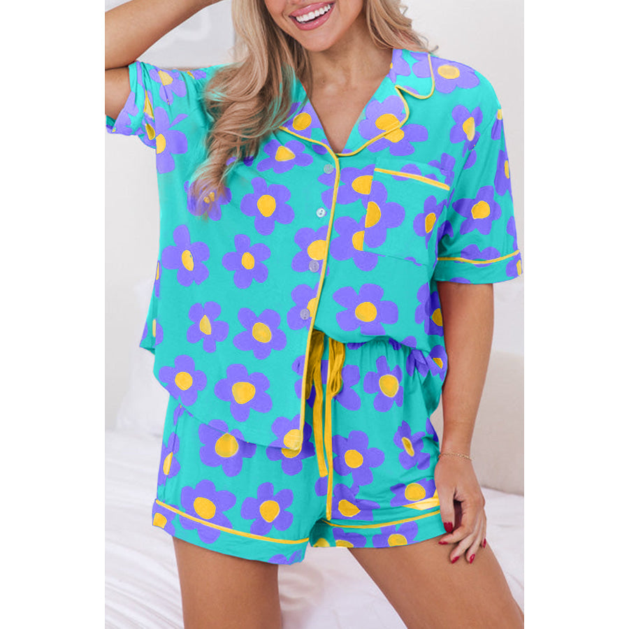 Green Flower Print Short Sleeve Shirt Pajamas Set Green / S / 95% Polyester + 5% Elastane Loungewear & Sleepwear/Sleepwear