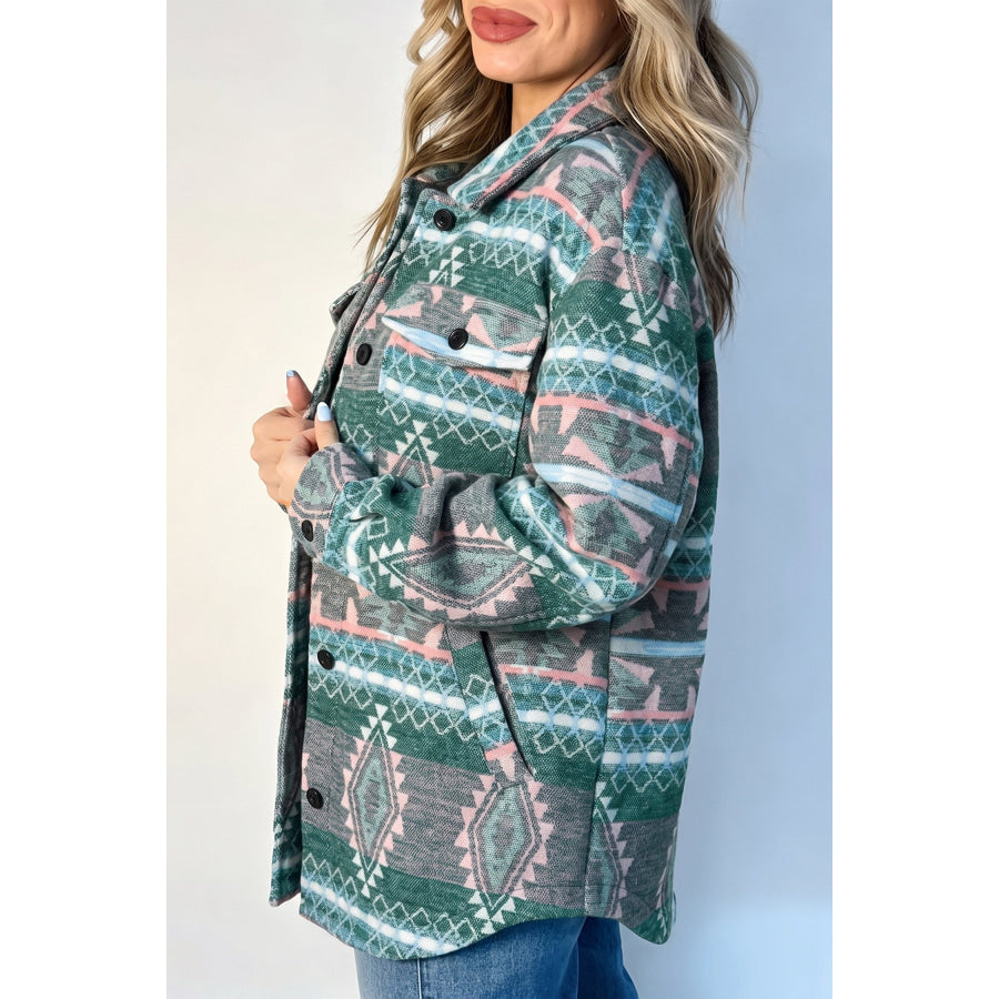 Green Geometric Print Button Front Long Sleeve Shacket Green / S / 100% Polyester Outerwear/Jackets